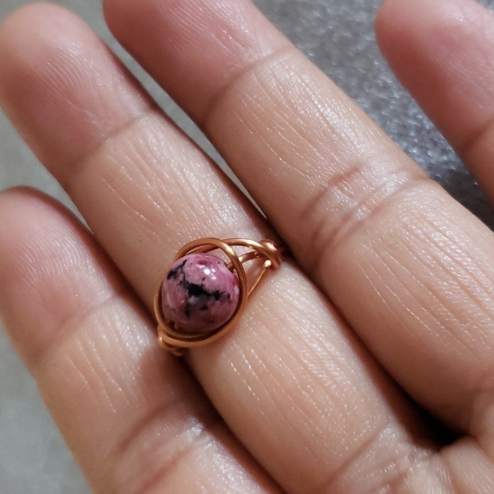 Rhodonide with copper wire wrapped ring size 7